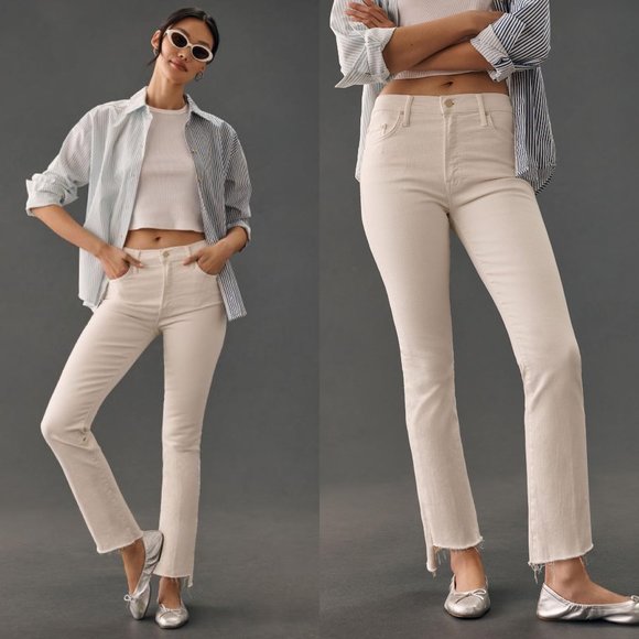 MOTHER the insider high rise crop step fray boot cut jeans in cream puff